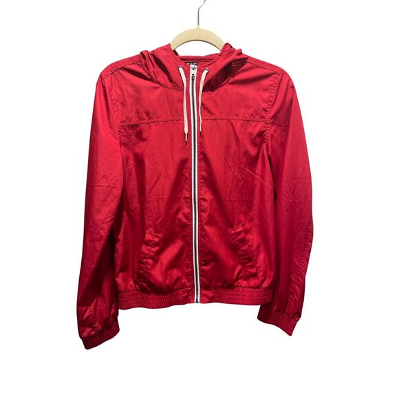 Zine Hooded Lightweight Windbreaker Jacket Sz M Red Zipper Closure Elastic Hem - Picture 1 of 7